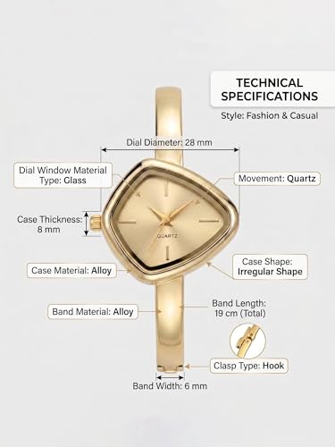 Image of Shocknshop Analog Triangle Dial Bangle Ladies Gold Tone Cuff Bracelet Strap Ladies Minimalist Quartz Watch for Woman -WCH192