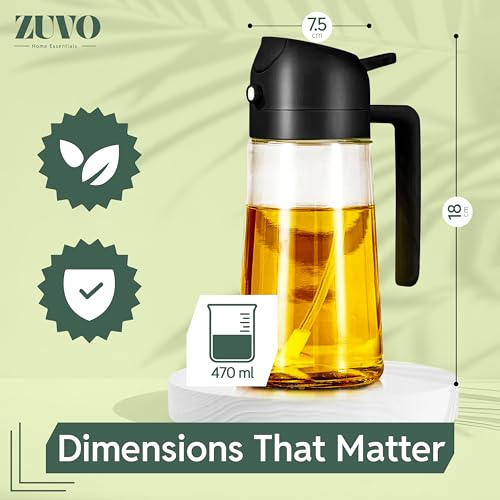 Zuvo - Oil Dispenser and Spray Bottle for Air Fryer, Cooking, Salads and Vinegar, 470 ML - 2 in 1 Refillable Oil Dispenser Bottle, Black - Image 3
