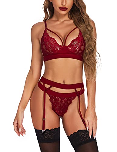 wearella Lingerie Sets with Garter Belt for Women Sexy Bra and Panty Lace Teddy Strappy 3 Piece Lingerie Babydoll Bodysuit