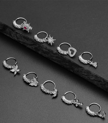 Tornito 10Pcs Dangle Nose Rings Hoop Butterfly Heart Moon Flower Star CZ Cartilage Earring Dangling Nose Body Piercing Jewelry 20G Silver Rose Gold Black Tone 5