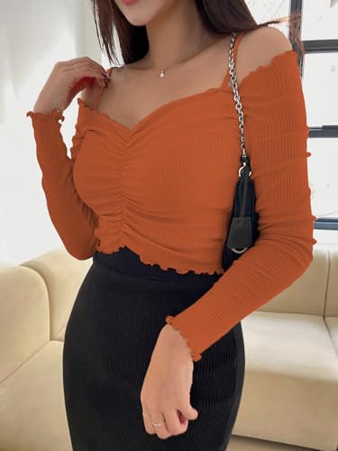Image of Sugathari Women's Purple Solid Colour Open Cold Off Shoulder Long Sleeve Lettuce Hem Casual Autumn Trim Tight- Slim Fitting Ruched Front Ladies' Camisole Top, Tee, T-Shirt (T-Shirt 184)
