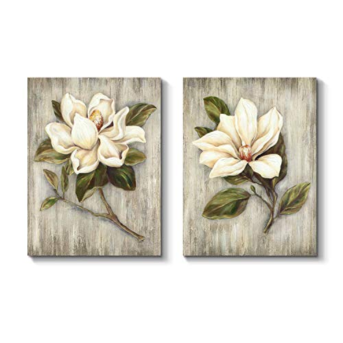 TAR TAR STUDIO White Flower Magnolia Canvas Wall Art: Blossom Floral Artwork Over Wood Background Canvas for Living Bathroom Room Decor Rustic Wall Decor for Farmhouse Kitchen(18''H x 24''W x 2PCS)