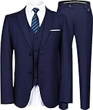 Saruit Men's Suits Slim Fit Tuxedo Suit Set 3 Piece 2-Button Solid Prom Wedding Party Blazer Vest Pants with Tie Navy Blue