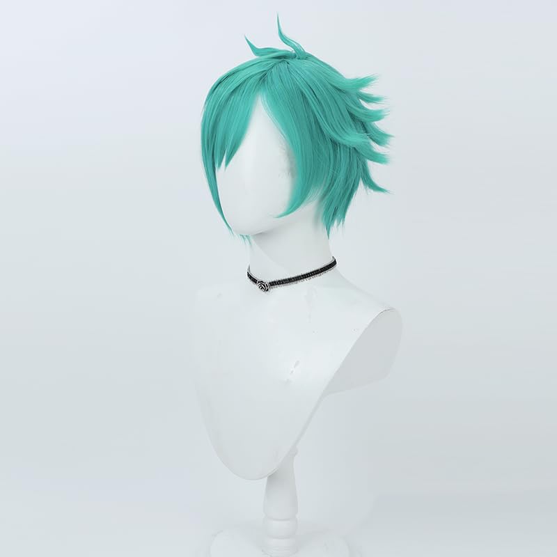 Aphelios Cosplay Wig Short Men Anime Wig Cyan Green Straight Wig with Bangs Heat Resistant Synthetic Hair for Party