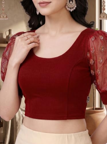 Image of SFT Women's Cotton Lycra Blend Readymade Saree Blouse with Round Neck Half Sleeves Solid Pattern Knit Weave Regular Fit and Pull On Closure