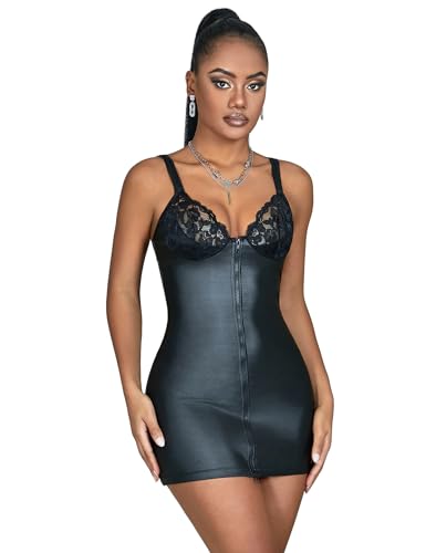 ohmydear Lederkleid Damen Wetlook PU-Leder Dessous Frauen Minikleid mit Reißverschluss Sexy Unterwäsche Große Größen Partykleid V-Ausschnitt...