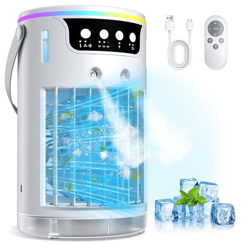 Image of Portable Air Conditioners, 40oz Mini Air Conditioner for Room, Portable Evaporative Air Cooler with 3 Wind Speeds, 3 Cool Mist Modes & 7 LED Lights, 8H Timer, Personal Cooling Fan for Office Desk