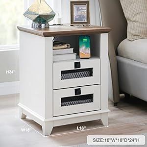 Nightstand with charging stationokd 18 industrial farmhouse square end table w 2 drawers open cubby rustic mesh drawer sofa side table wstorage for bedroom living room office antique white  urban country home decor