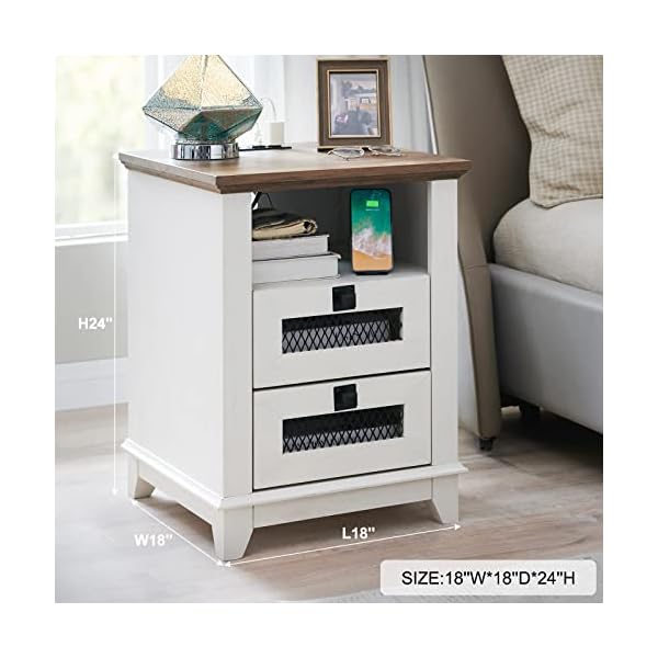Nightstand with charging stationokd 18 industrial farmhouse square end table w 2 drawers open cubby rustic mesh drawer sofa side table wstorage for bedroom living room office antique white  urban country home decor