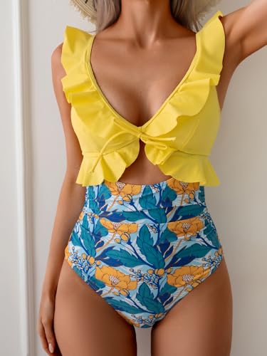Image of Eomenie One Piece Swimsuit for Women Tummy Control Ruffle Bathing Suit V Neck Ruched Swim Suit Slimming Cutout Swimwear