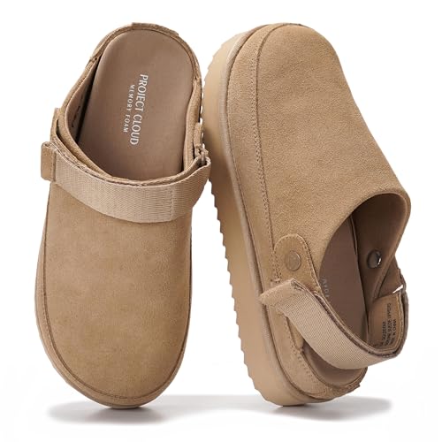 Project Cloud Genuine Suede Clogs for Women - Memory Foam Womens Clogs & Mules with Adjustable Straps - Lightweight Platform Shoes Non-Slip Slides (Goldstar)