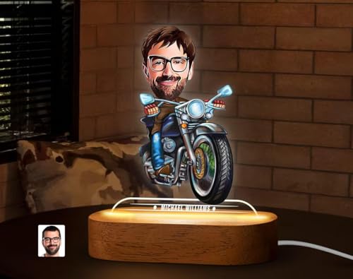 Image of THE GRANDEUR Caricature Gift for Men, Custom LED Motorcycle Rider Cartoon Lamp - Personalized Bike Figurine Gift for Him, Desk Decor Birthday Gift for Men, Anniversary Gift for Husband, (15 x 6 cm)