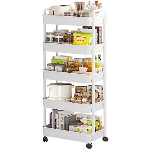 Image of 7 code 5-Tier Rolling Cart, Utility Cart with Lockable Wheels, Storage Cart Craft Cart Book Cart Diaper Cart Organizer for Bathroom Kitchen, White