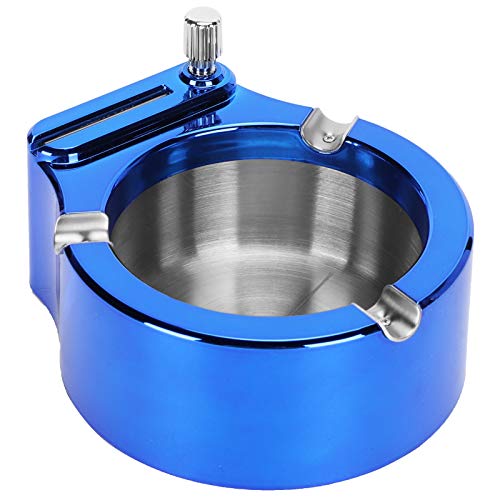 Ashtray with Match Lighter, Stainless Steel Tabletop Smoking Ashtray Cigarette Container Modern Ashtray for Smokers, Desktop Cigar Tray for Indoor Outdoor (Blue)