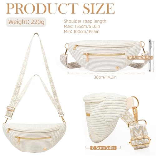 Image of MAXTOP White Corduroy Crossbody Bags for Women, Women's Crossbody Vintage Boho Sling Bag Fanny Pack with Gold Zipper Adjustable Shoulder bags Lightweight Travel Waist Bag for Daily Vacation