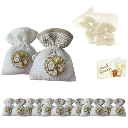 Doni Bomboniere Set Cresima 12 Sacchetti Portaconfetti in Cotone Bianco Tortora con Rete Simboli Sacri con Bustine Confetti Bianchi al Cioccolato Made in Italy Bigliettini Personalizzabili Confettata