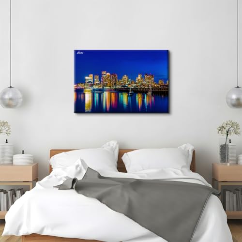 Image of USA City Posters Massachusetts Downtown Skyline Wall Art Cityscape Sunset Night View Canvas Prints Modern Buildings Landmarks Wall Decor Colorful Skyscraper Painting Artwork Office Decorations 32x48 inch