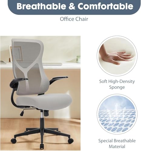 Image of Sweetcrispy High Back Office Chair - Ergonomic Computer Gaming Mesh Chairs with Lumbar Support, with Soft Flip Up Arms, Adjustable Height and 360 Wheels, Light Grey