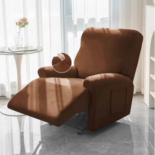 Image of HOKIPO 'SereneSolids' 140 GSM Recliner Stretch Sofa Slipcover 1 Seater Fully Covered 4-Piece Set Machine Washable Furniture Protector with Elasticity for Kids Pet, Brown (NEW2-4740-BR)