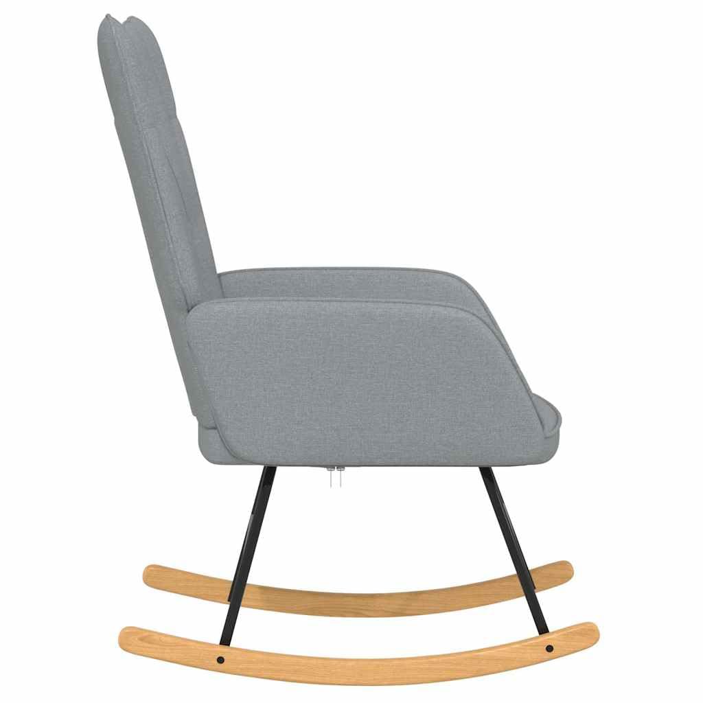 Poltrona a dondolo in tessuto grigio chiaro con imbottitura e telaio in legno, 61 x 78 x 98 cm, sedia relax per soggiorno, con braccioli e schienale ergonomico per rilassarsi e allattare