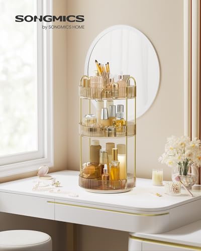 Image of SONGMICS Makeup Organizer, 3-Tier Countertop, Customizable | Customizable skincare organizer countertop, round rotating, toiletries vanity organizer, lazy susan, gift UJKA011A01
