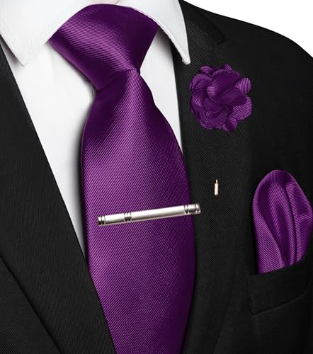 Image of JEMYGINS Formal Necktie Solid Color Tie and Pocket Square with Tie Clip Lapel Pin Sets for Men 4PCS