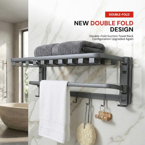 Image of Amazon Basics Suction Towel Rack for Bathroom | Rustproof Wall - Mounted Towel Holder with Hooks | Strong Vacuum Grip, No Drilling Required Grey
