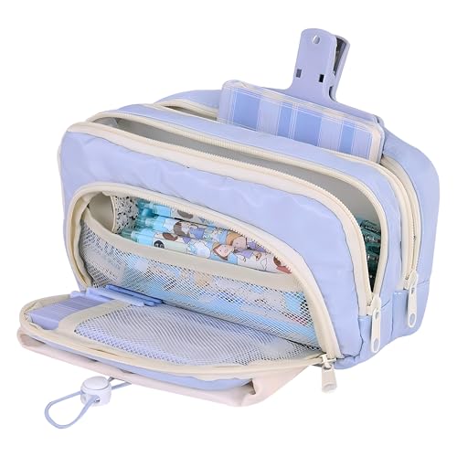 Image of Large Pencil Pouch Big Pencil Case Big Capacity Aesthetic Pen Cosmetic Bag Pen Stationery Organizer Simple, College Office Home Travel Storage Bag (Blue)