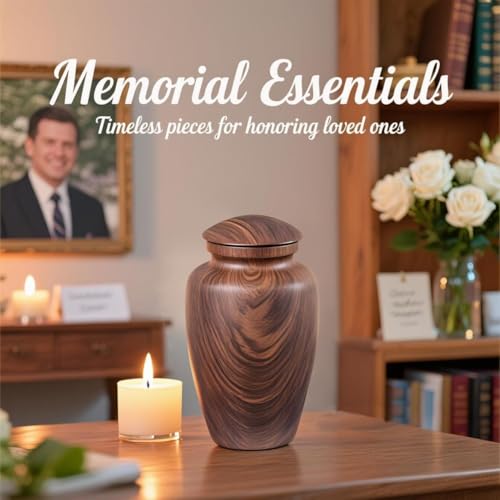 Image of Large Handcrafted Cremation Urn for Ashes Adult Male Female | Large Aluminum Wood Grain Urn for Ashes for Men Women,Memorial Decorative Urns for Man /Dad /Father /Brother /Grandpa