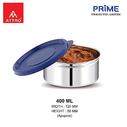 Image of ATTRO Prime Stainless Steel Single Wall Storage Containers Airtight & Leak Proof Containers for Office Use, School, Picnic, 400ml -Blue-Set Of 4