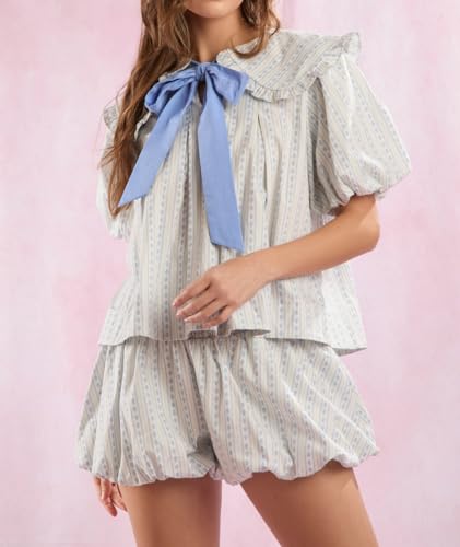 Image of ROAONOCOMO Women Floral Pajama Set Ruffle Puff Sleeve Peplum Shirt Coquette Pj Set Bow Babydoll 2 Piece Shorts Outfit