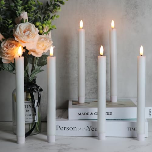 Image of Flameless Taper Candles Battery Operated Flickering Flame with Remote Timer, 6PCS White Real Wax LED Flameless Candlesticks for Festival Home Wedding Living Room Decor(9.64 x 0.78 Inch)