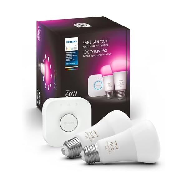 Philips Hue Smart Light Starter Kit – Includes (1) Bridge and (2) 60W A19 LED Bulb, White and Color Ambiance Color-Changing Light, 800LM, E26 – Control with App or Voice Assistant