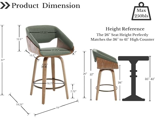Image of 26'' Modern Barrel Swivel Counter Stools Counter Height Swivel Bar Stools with Backs Set of 6, Green Linen Upholstered Bar Height stools, Farmhouse Solid Wood Barstools for Kitchen Island, Home Bar