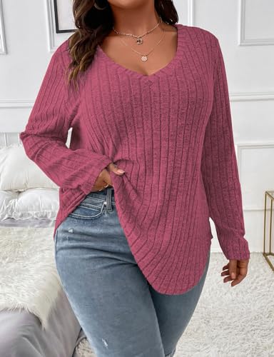 Image of Koscacy Women Plus Size Casual Knit Sweater V Neck Solid Color Tops Lightweight Long Sleeve Blouses