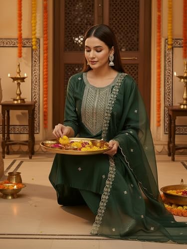 Image of INDO ERA Women's Silk Blend Floral Embroidered Thread Work Kurta & Pant with Dupatta Set