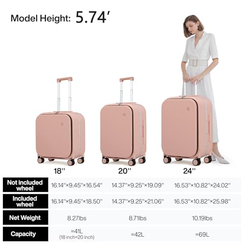 Image of mixi Luggage Suitcase with Spinner Wheels, Travel Luggage Aluminum Frame PC Hardside with TSA Lock & Cover, Pink, 20-inch, Minimalist