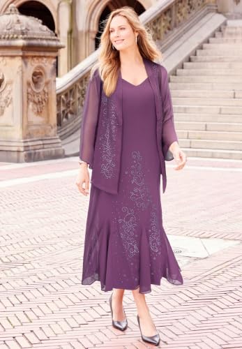 Image of Catherines Masquerade Beaded Dress Set | Women's Plus Size Petite Lace, Sequin, Wedding, Mother of the Bride 18 WP, Victoria Purple