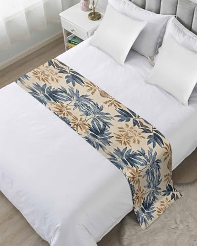 DecorLovee Navy Blue Brown Bed Runners for Queen Size Bed, Decorative Bed Throws for Foot of Bed, Tropical Botanical Palm Leaves Rustic Bed Runner Sofa Throw Bedding Scarf Protector for Bedroom