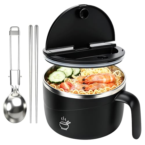Cumdel Instant Noodle Bowl with Lid 1200ml Stainless Steel Noodle Bowl with Fork Chopsticks Ramen Bowl with Handles & Drip Hole Dishwasher Safe Portable for Home Dorm Office (Black)