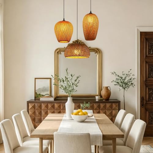 Lustre en bambou tressé pour éclairage îlot de cuisine et salon