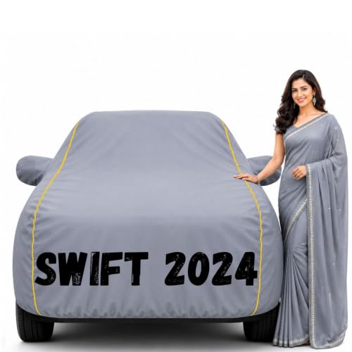 Image of Waterproof Car Body Cover for Swift 2024 All Weather Protection Comes with Inner Cotton Lining & Triple Stitched with Mirror & Antenna Pocket Belt & Elastic Fit Grey with Yellow Piping2