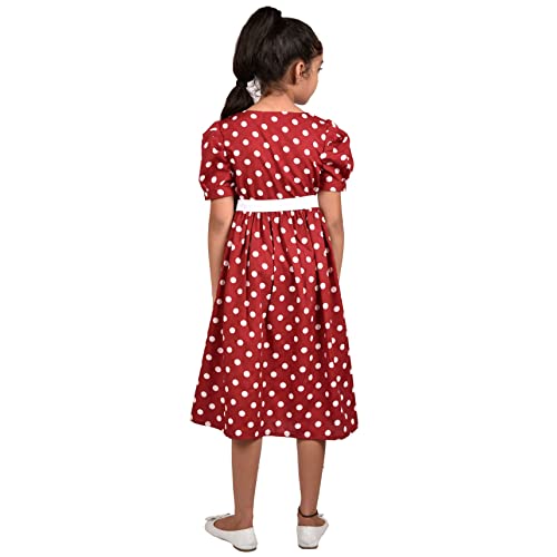 Image of Maroon White Polka DOT Printed Girls Dress with Square Neck & Front Placket Opening