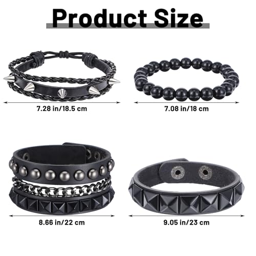 Punk Studded Bracelet 4 Pcs Black Leather Spiked Bracelet Cuff Punk Rock Rivet Cuff Emo Bracelets Wrap Bangle Snap Button Metal Wristband for Men Women (Gothic Style)2