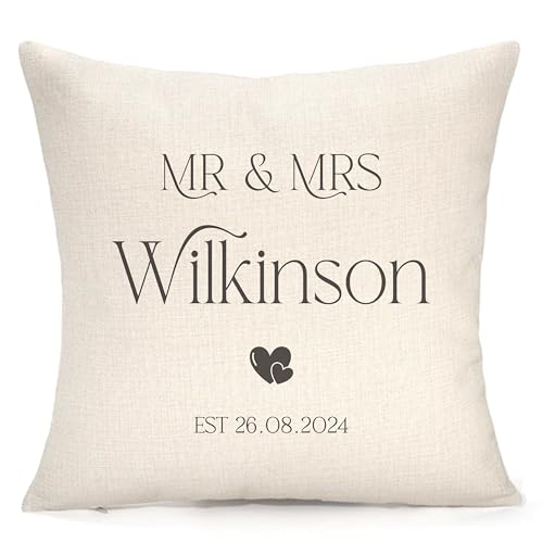Personalised Est Cushion, Wedding and Anniversary | Mr & Mrs Gift | Couple Cushion | Customised With Any Name & Date | Present, Gift | Pillow/Cushion