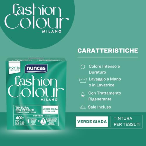 Nuncas Fashion Colour Milano, Verde Giada, Kit Tintura Per Tessuti, Pronta All'uso Con Detergente Post Trattamento, 180 G, 75 Ml - 3