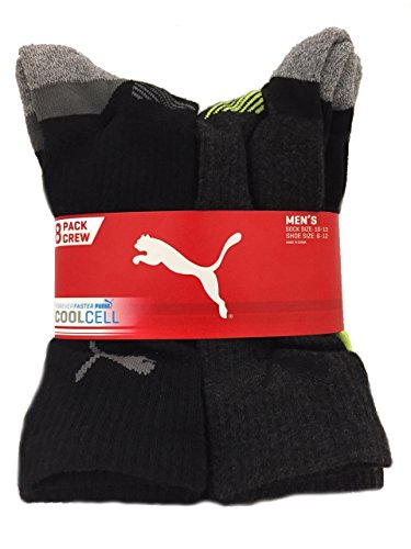 Puma Mens Cool Cell Crew Socks, 8-pack, Sock Size 10-13, Shoe Size 6-12 (Black/Gray)