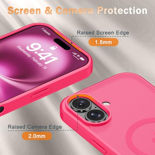 Image of YENAPOON for iPhone 16 Plus Case, Matte Magnetic Phone Cover [with 1 Screen Protector] [Support for MagSafe] [Shockproof Military Grade Protection] Translucent Frosted Back, Hot Pink