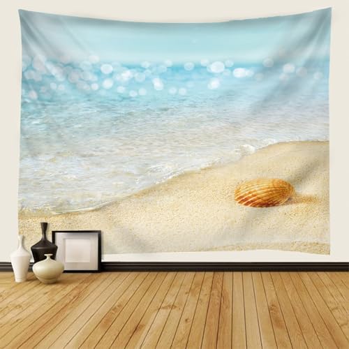 AMDXD Tapiz para colgar en la pared, paisaje natural, tapiz de playa, concha, tapices de poliéster para dormitorio, salón, azul claro caqui, 210 x 140 cm