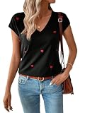 OYOANGLE Women's Heart Embroidery Short Sleeve Tee Shirts V Neck Graphic T-Shirts Funny Tees Black Medium